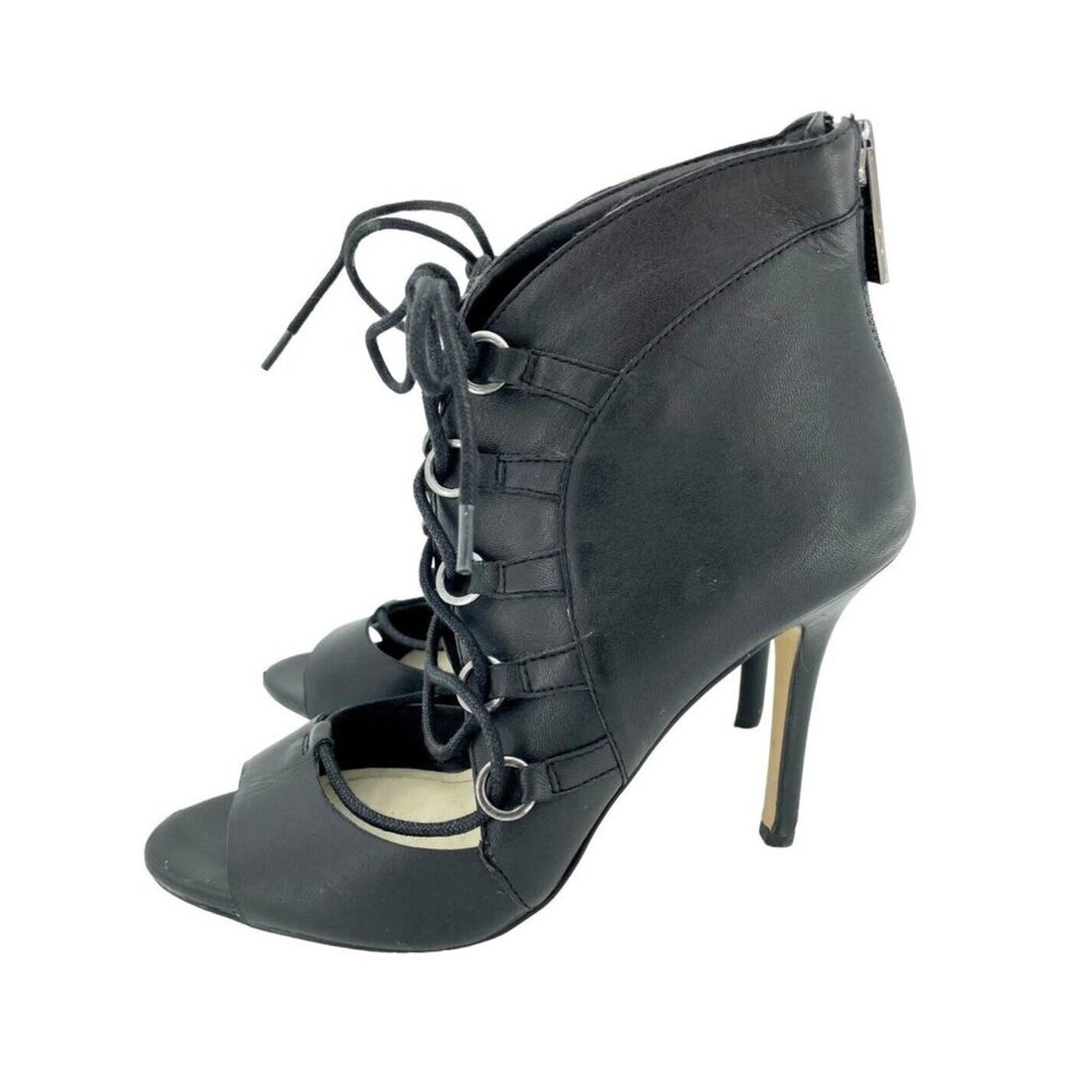 BCBGeneration Pumps Shoes Heel Lace Up Open Toe Sandal Black Leather SZ 7